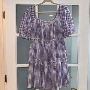 Emory Park Dress Sz S Purple White Babydoll Peasant Tiered Smocking Lined Peplum